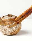 Ceramic teapot with wooden handle on a white background, angled view