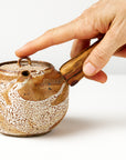 Ceramic teapot with wooden handle on a white background, with hand to show scale
