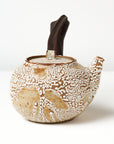 Ceramic teapot with a wooden handle on a white background, side view