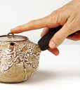 Ceramic teapot with a wooden handle on a white background, front view with hand to show scale