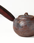 Side handle tea pot with wooden handle on white background. back view