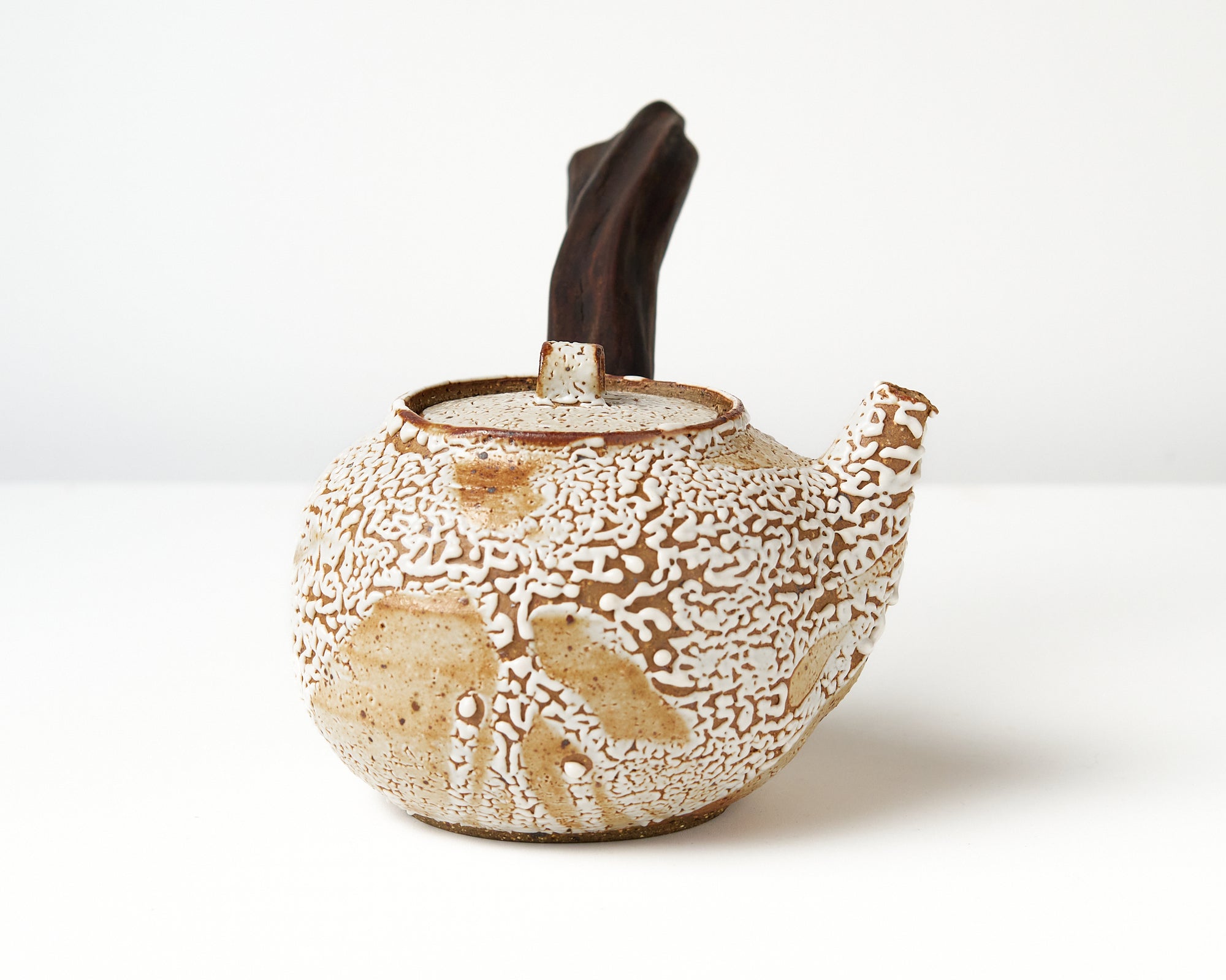 Ceramic teapot with a wooden handle on a white background, side view