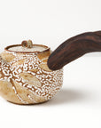 Ceramic teapot with a wooden handle on a white background, angled view