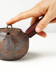 side handle tea pot with wooden handle on white background, front view with hand to show scale
