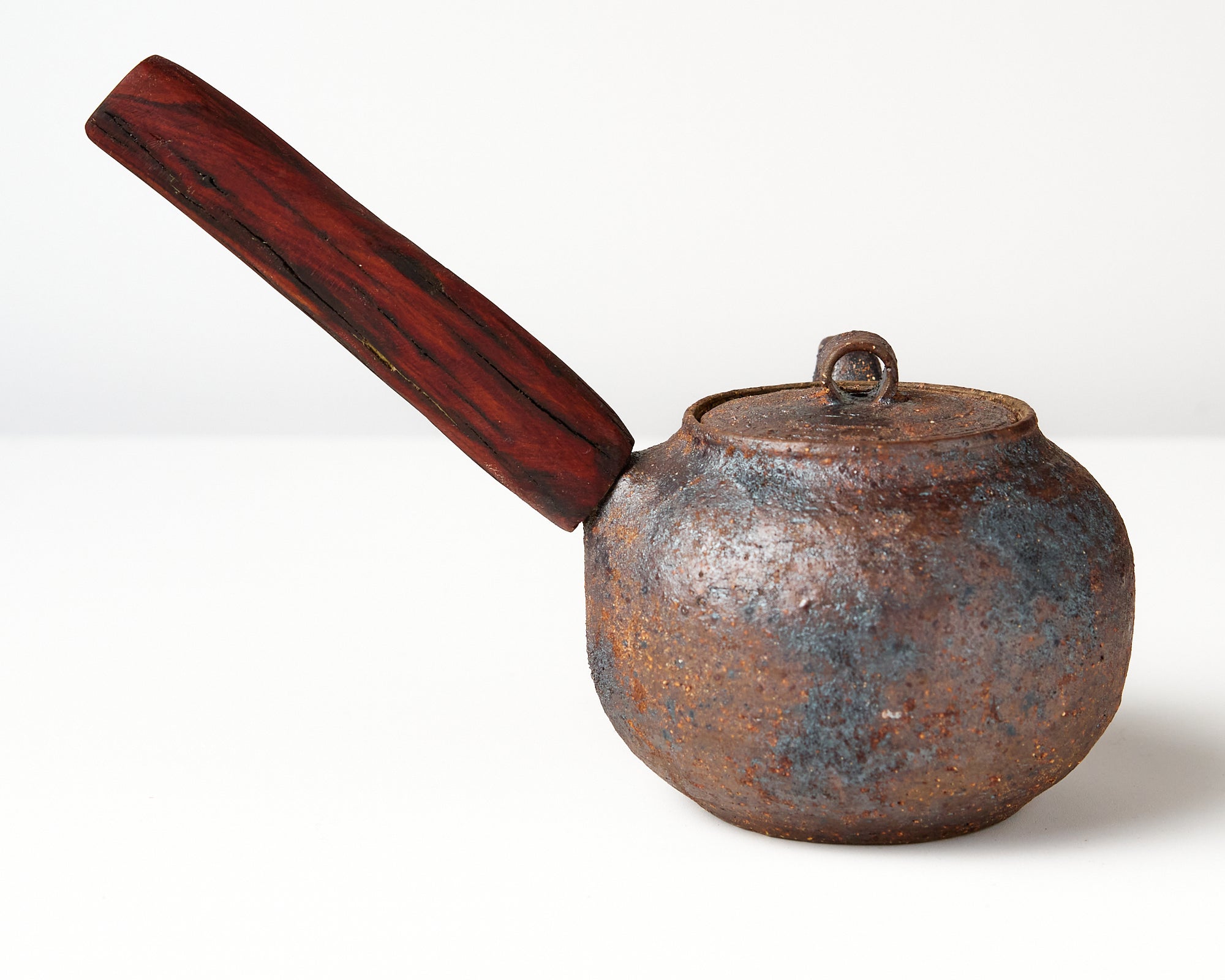 side handle tea pot with wooden handle on white background, back view