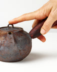 Side handle tea pot with wooden handle on white background. front view with hand to show scale